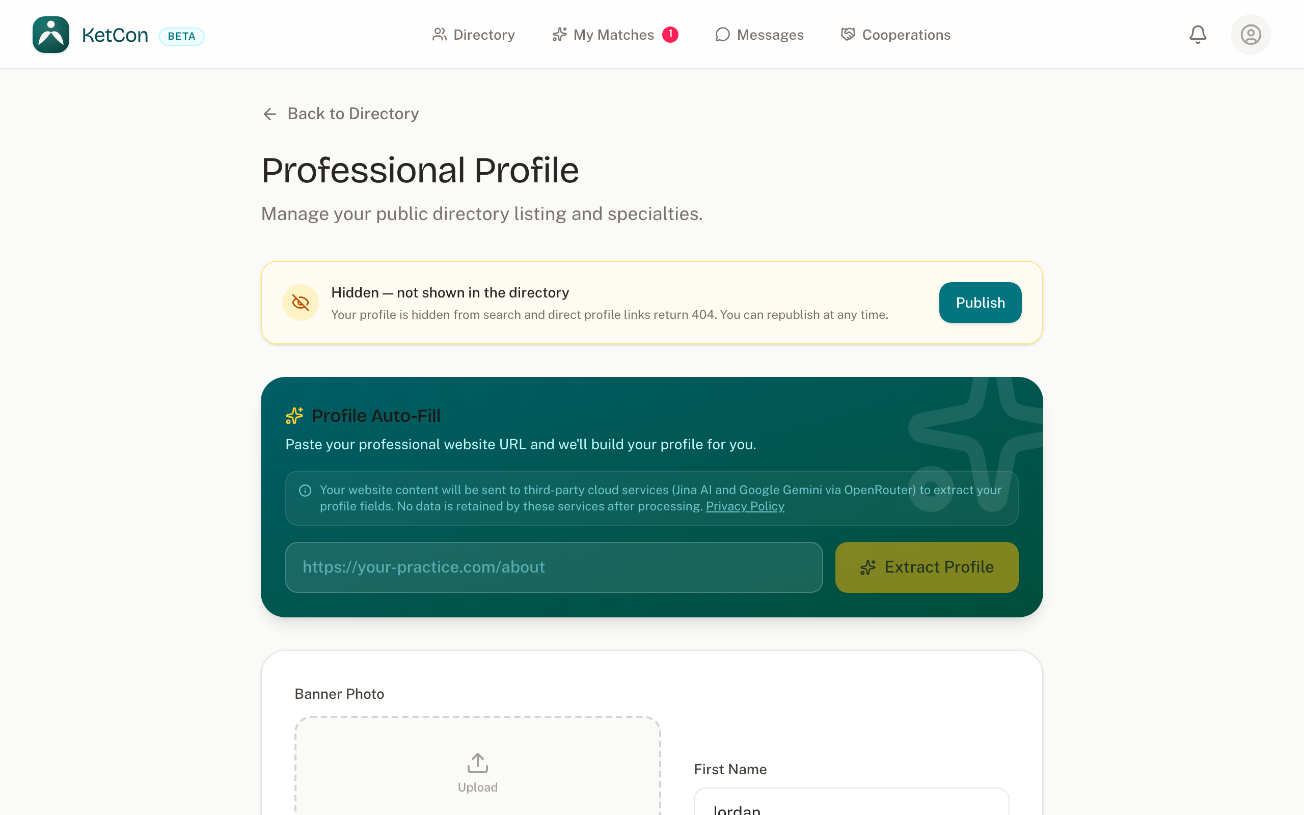 The amber visibility card on the profile page, reading "Hidden — not shown in the directory" with a teal Publish button