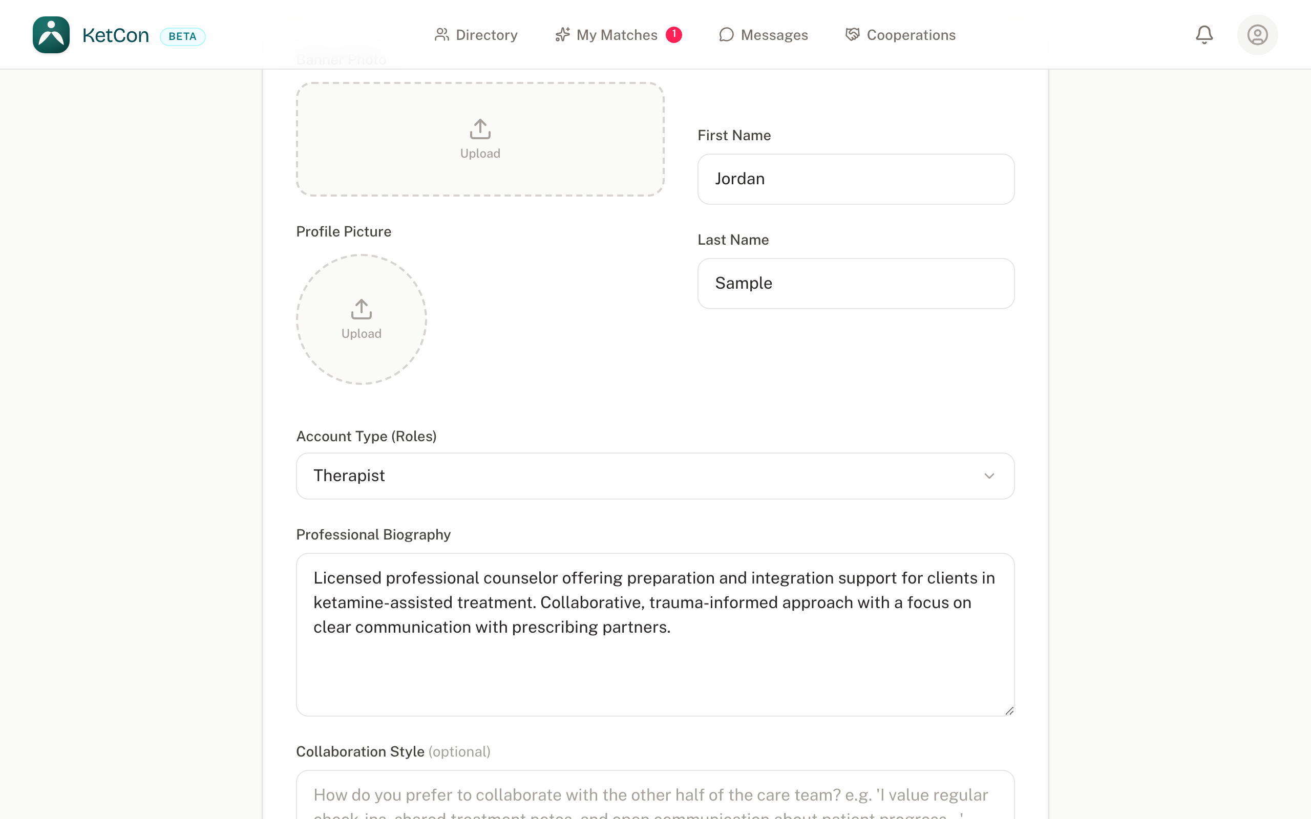 Reviewing the profile form: basic information, bio, and licensed states