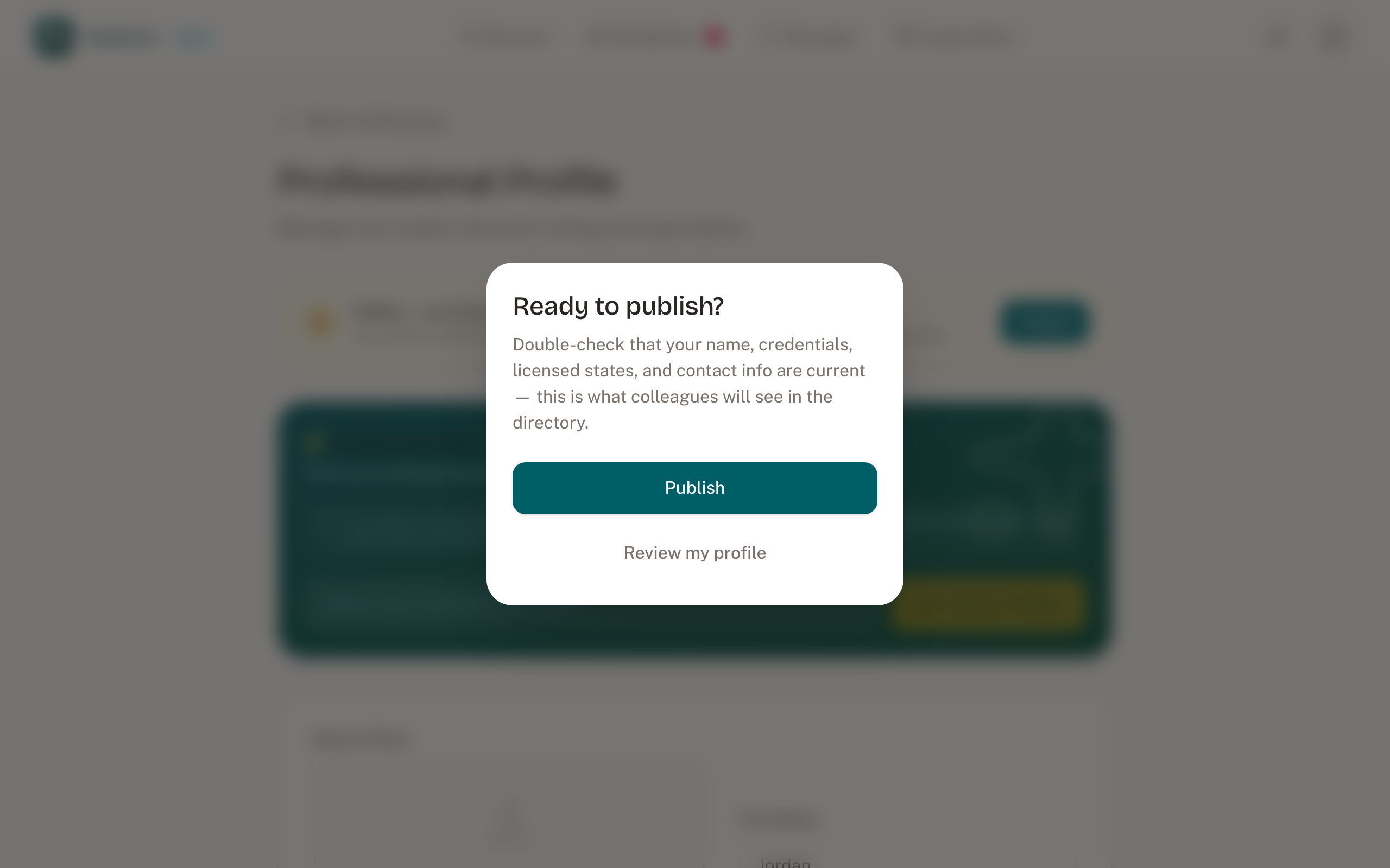 The confirmation dialog asking "Ready to publish?" with Publish and Review my profile buttons