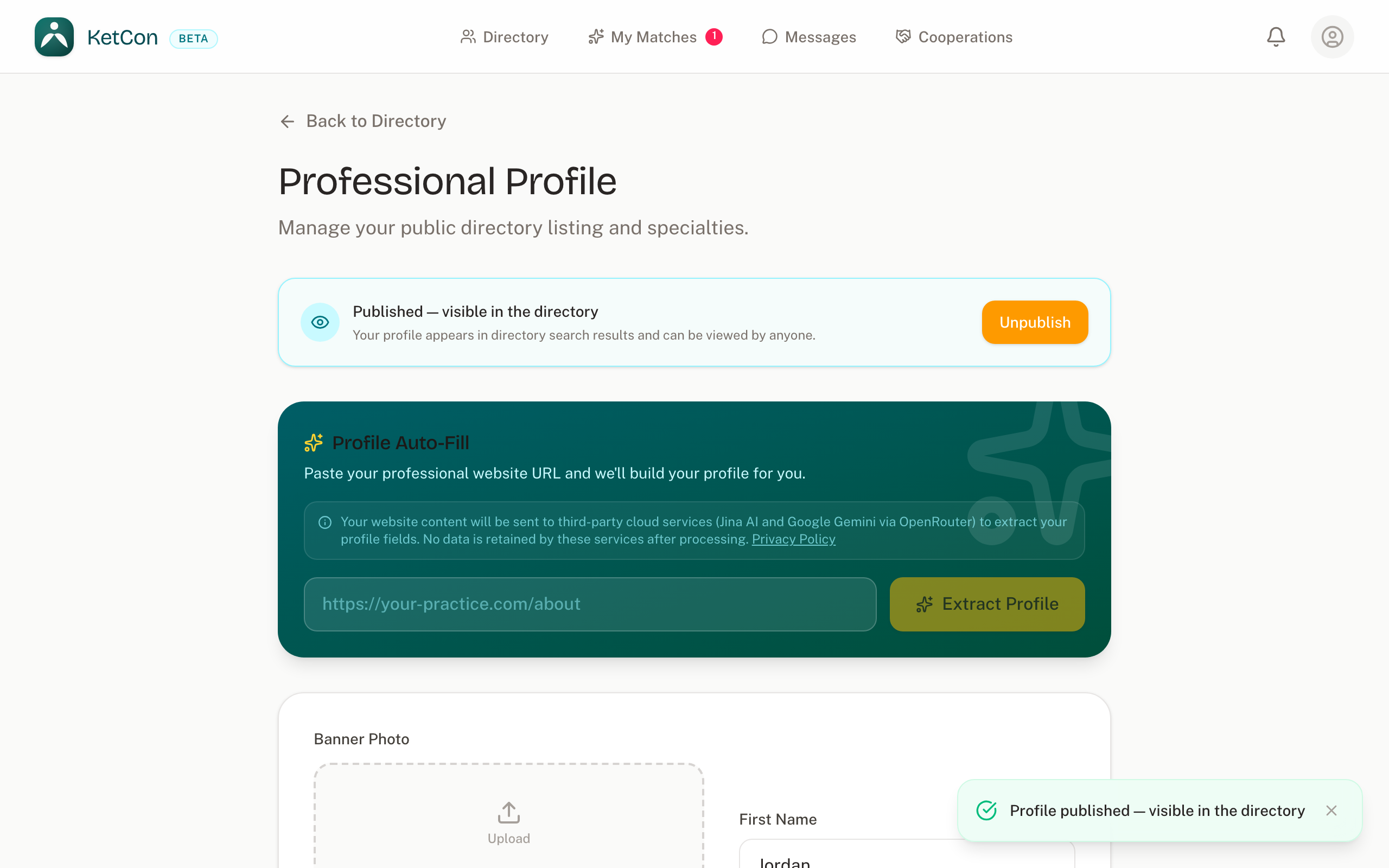 The teal visibility card reading "Published — visible in the directory" with an amber Unpublish button